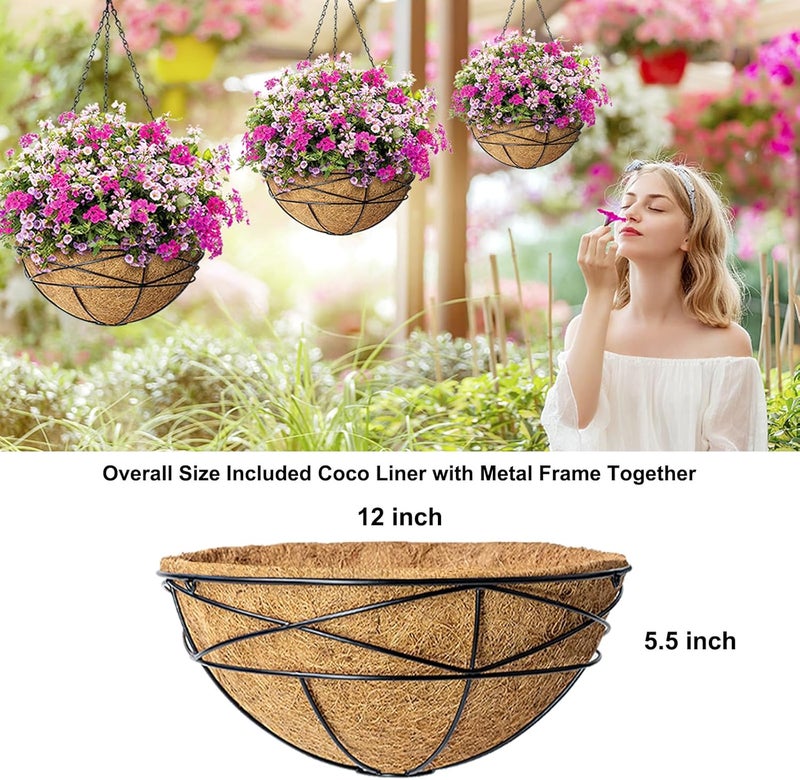 Karlliu 4 Pack 12 Inch Hanging Planters for Outdoor Plants Metal Watering Flower Baskets with Coco Liner for Hanging Pot Round Plant Holders Planter for Outside Garden Decoration - Image 5